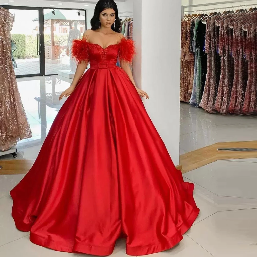 

Arabic Dubai Red Satin Prom Dress Feather Off Shoulder Women Party Night Evening Gowns Pleats Ruffles Customized Robe De Soiree