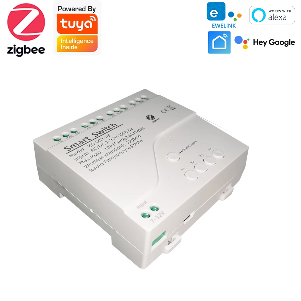 ZigBee 3.0 Tuya 4-Gang Inching Relay Smart Switch Timing Module DIY Garage Door,Lamp,Motor,Compatible With Ewelink,Alexa