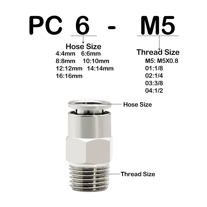 6PCSAll-Copper Nckel-Plated PC4mm 6mm 8mm 10mm 12mm Pneumatic Connector Tracheal Straight Through Male Thread Quick-In Connector