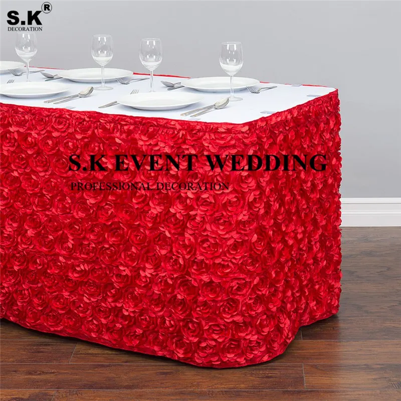 

Nice Looking Rosette Satin Table Skirt Rectangle Tablecloth Skirting For Wedding Banquet Event Christmas Decoration