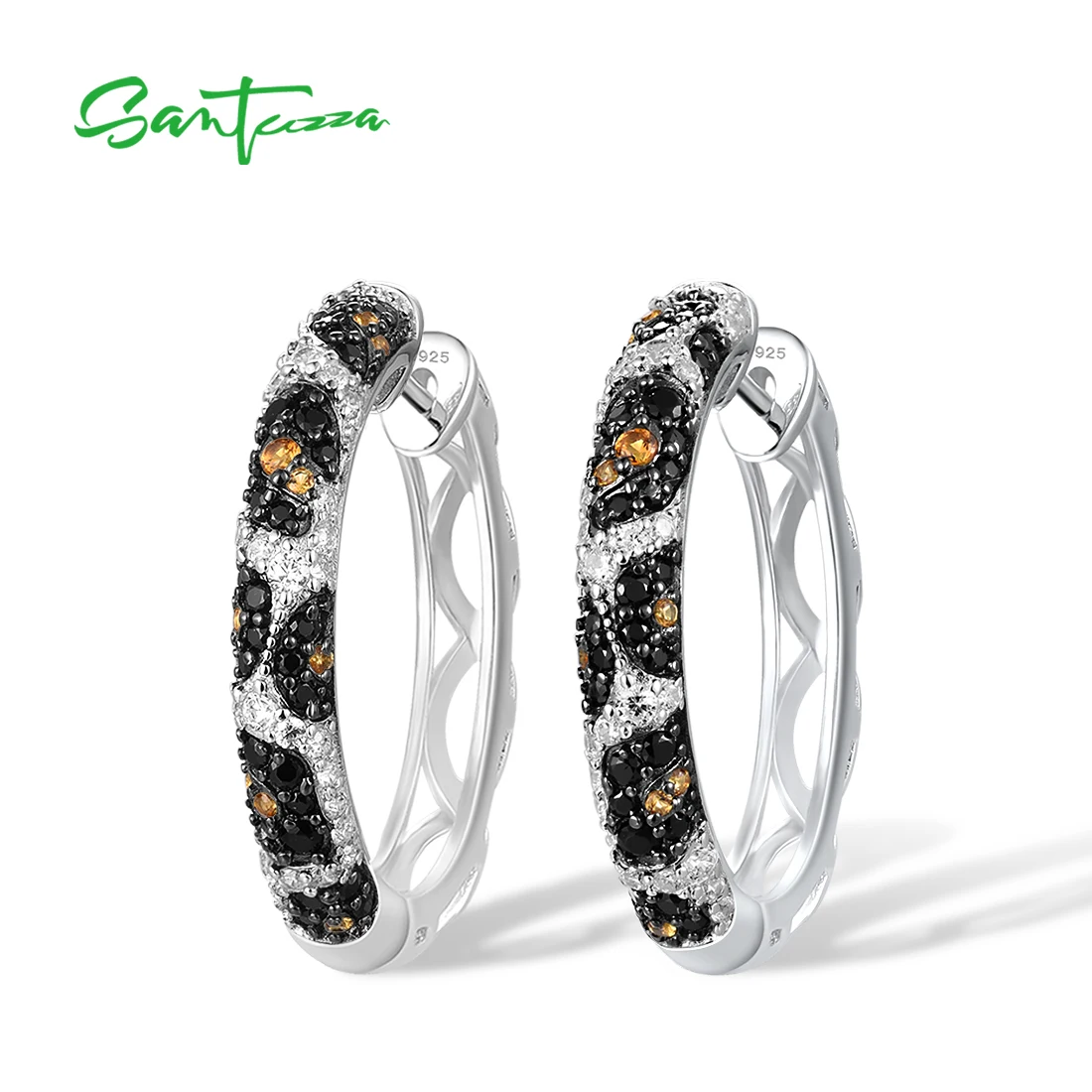 SANTUZZA Pure 925 Sterling Silver Hoop Earrings For Women Black Spinel Yellow White Cubic Zirconia Glamorous Trendy Fine Jewelry