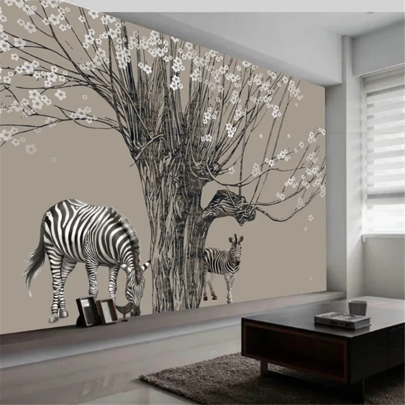 wellyu Custom large mural hand-painted Nordic beautiful zebra cherry tree sofa bedroom background wallpaper