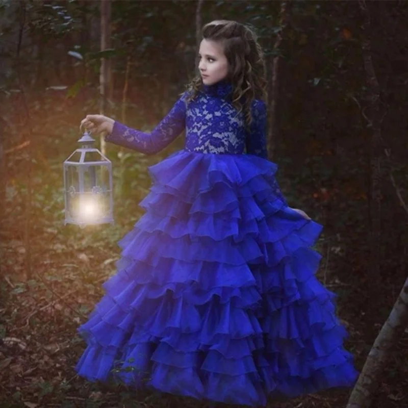 Vestidos de flores azul real para niña, Apliques de encaje para boda, vestido de tul escalonado, vestidos de primera comunión