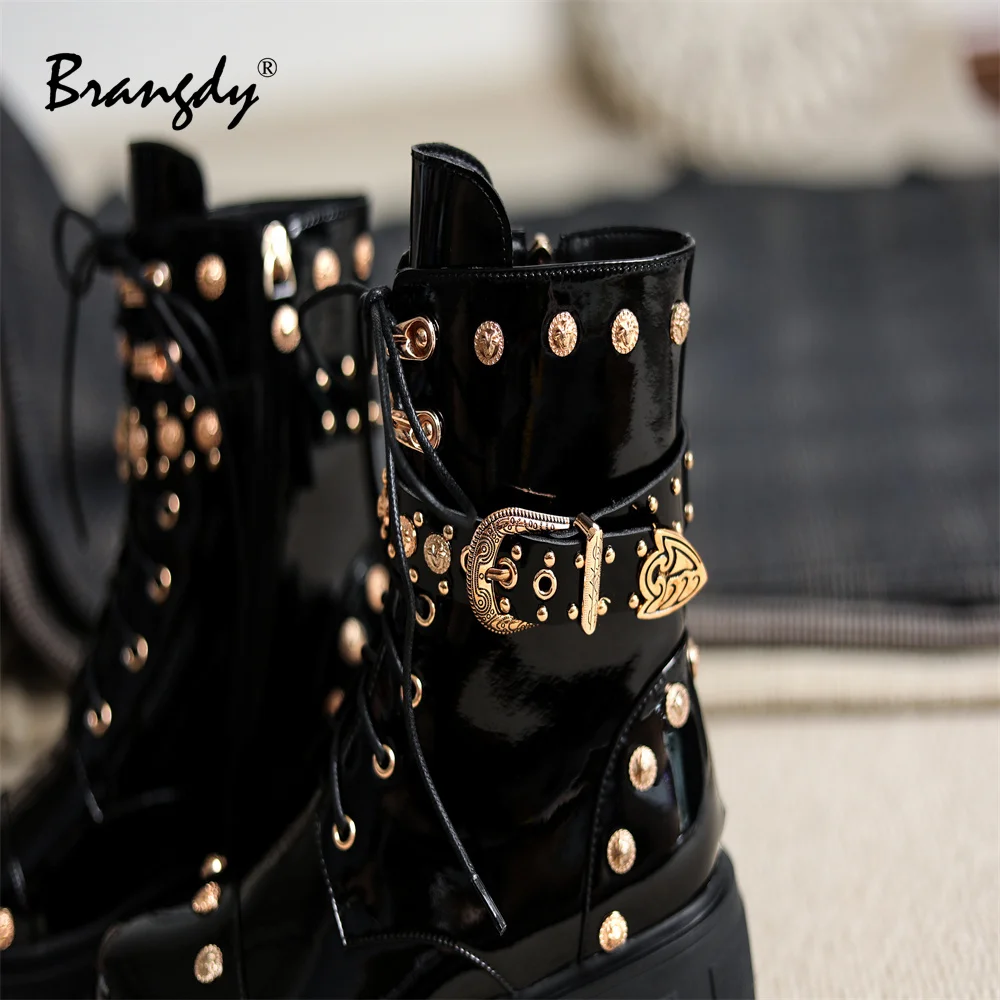 Brangdy Women Boots Fashion Rivet Metal Buckle Womens Goth Shoes Lace Punk Patent Leather Ankle Boots Zipper Size 34-39