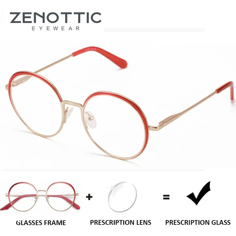 ZENOTTIC Alloy Prescription Glasses Women Windsor Round Myopia Optical Spectacle Eyelasses Photochromic Anti Blue Light Eyewear