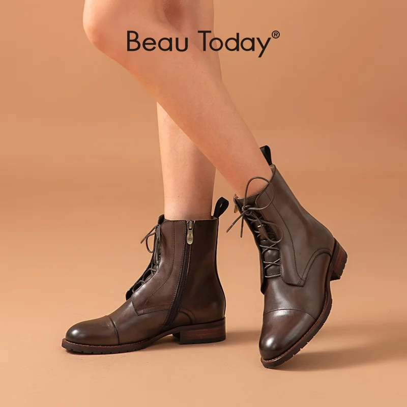 

BeauToday Ankle Boots Women Cow Leather Retro Round Toe Lace-Up Closure Fashion Ladies Shoes Autumn Footwear Handmade 03680