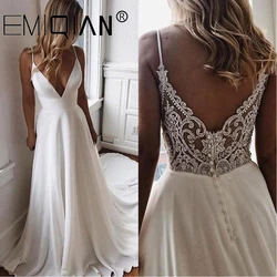 Long Chiffon Boho Beach Wedding Gown,Summer A Line Simple White Bride Wedding Dress, V Neck Bridal Party Dress,Vestido De Noiva