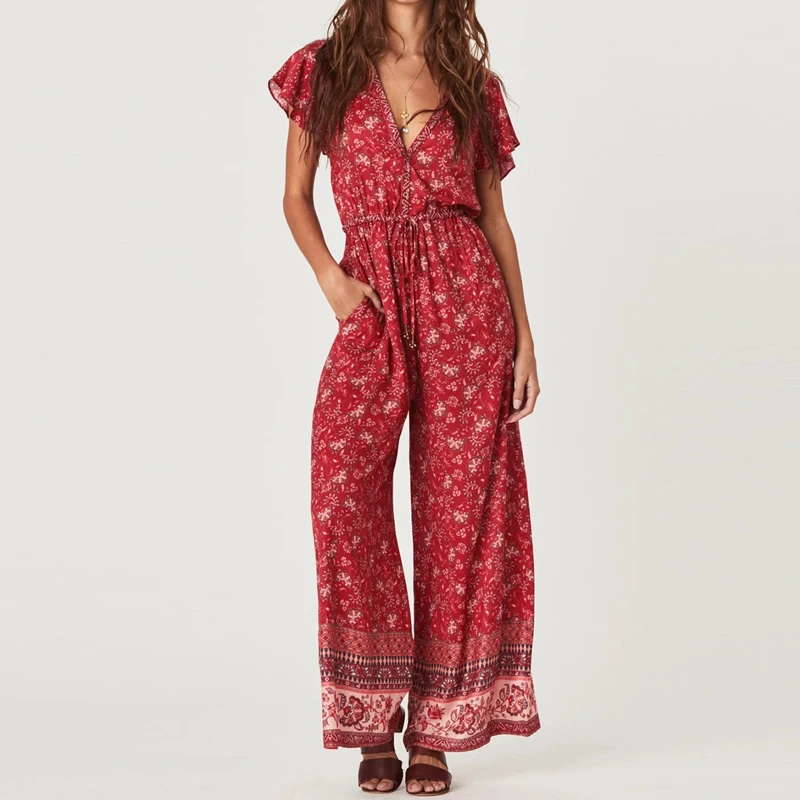 

TEELYNN red Summer jumpsuit Women Ruffle sleeve V-Neck boho Wide leg jumpsuit Floral Print romper beach playsuit gypsy jumpsuits