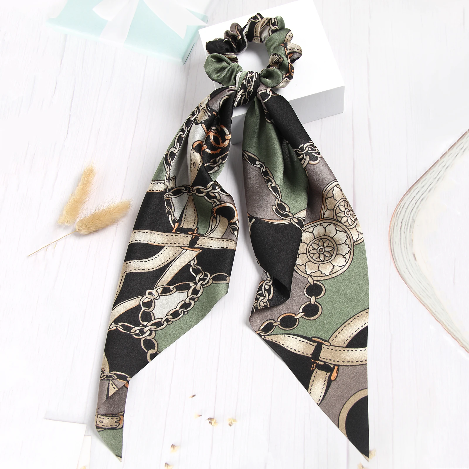 Fashion Women Girls Vintage Printting Hair Scrunchies Long Hair Ribbon Ponytail Scarf Elastic Satin Hair Band Hair Accessories