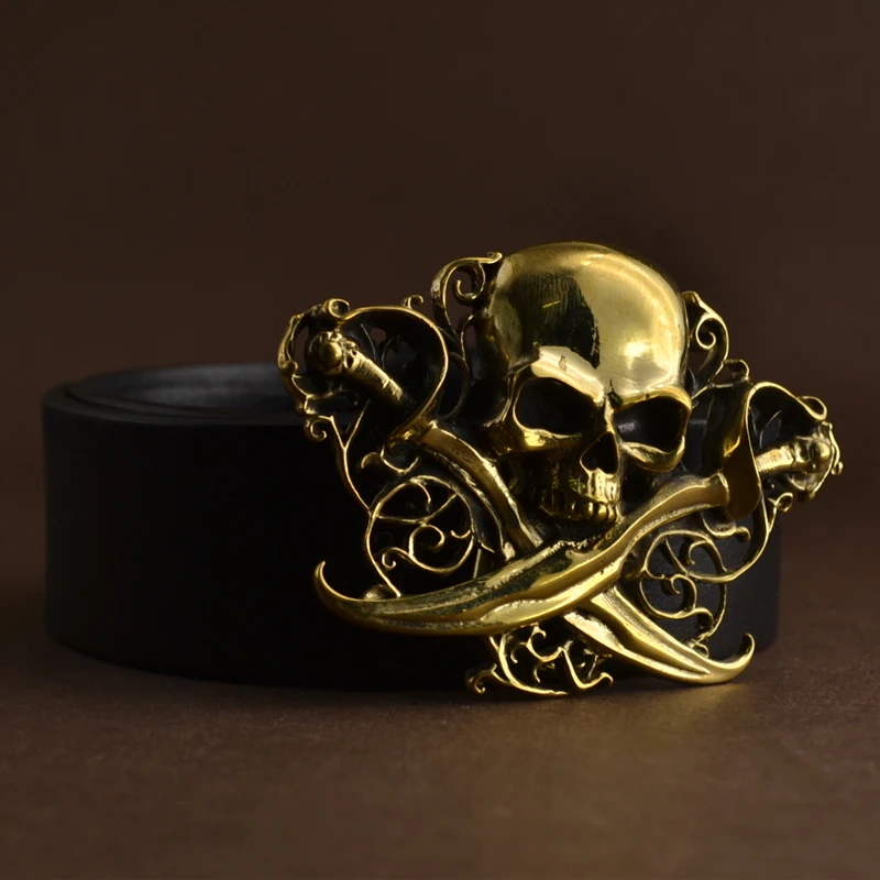 Brass skull belt buckle with finish Punk rock style for men\'s belt Fit 3.8cm snap on belt Jeans DIY accessories