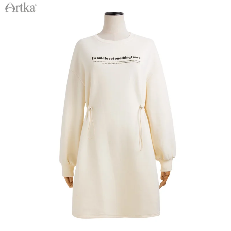 ARTKA 2021 Winter New Fashion Casual Letter Print Sweatshirt Dresses Long Sleeve Plus Velvet Midi White Dress Women ZA20118D