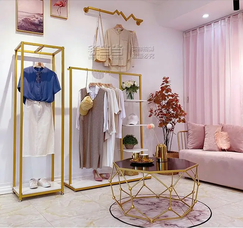 Clothing rack floor type display rack simple side shelf shop display shelf gold women's clothes rack