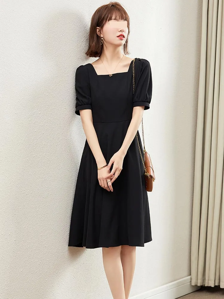 Short-sleeved Dress Female Summer 2021 New Korean Style Mid-length Square Collar Black Little Black Dress Base A-line Skirt