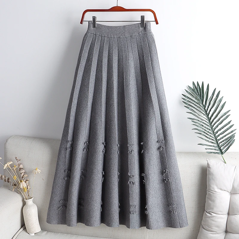 Croysier 2021 Fashion Women Clothing Winter Elastic High Waist Pleated Midi Skirt Frayed A Line Elegant Solid Knitted Skirts