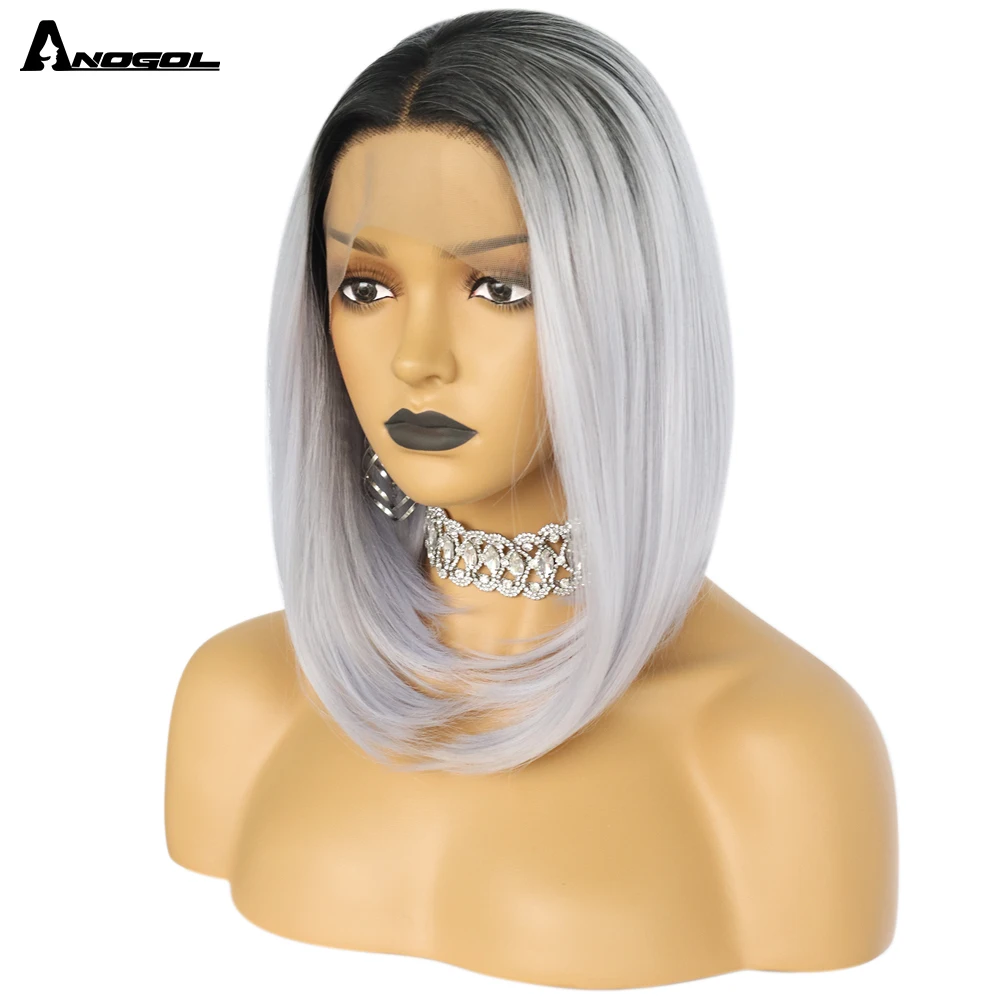 Perruque Lace Front Wig synthétique lisse Ombre – Anogol, perruque Bob noire grise en Fiber avec raie au milieu pour femmes