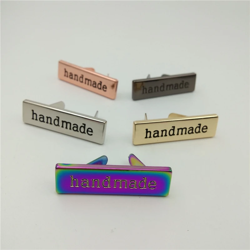 (20pcs/lot) 5 colors 35*10mm Handmade script metal bag label,handcraft handmade letters metal label decorative for purse