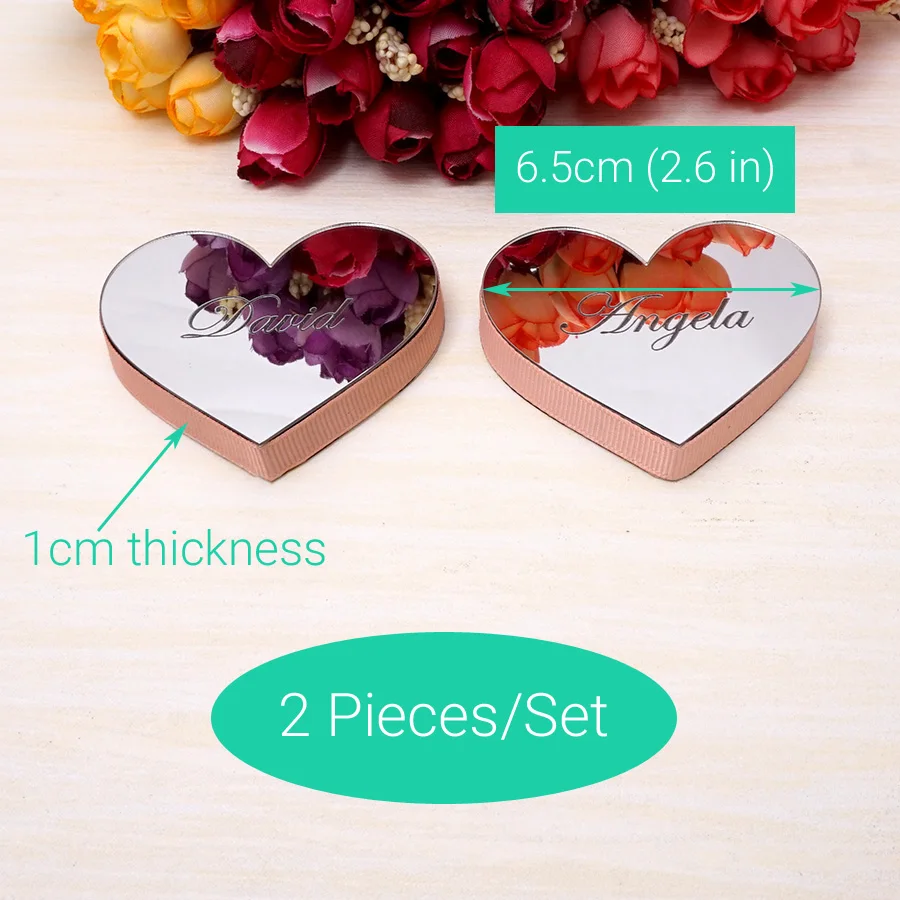 2 Pieces 6.5cm Hearts Mirrored 1cm EVA With Ribbon Personalized Custom Name Date Wedding Gift Home Decoration