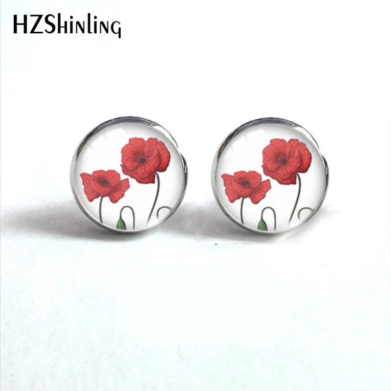 vintage Poppies Flower Pattern Round Glass Cabochon 12mm Stud Earrings Jewelry