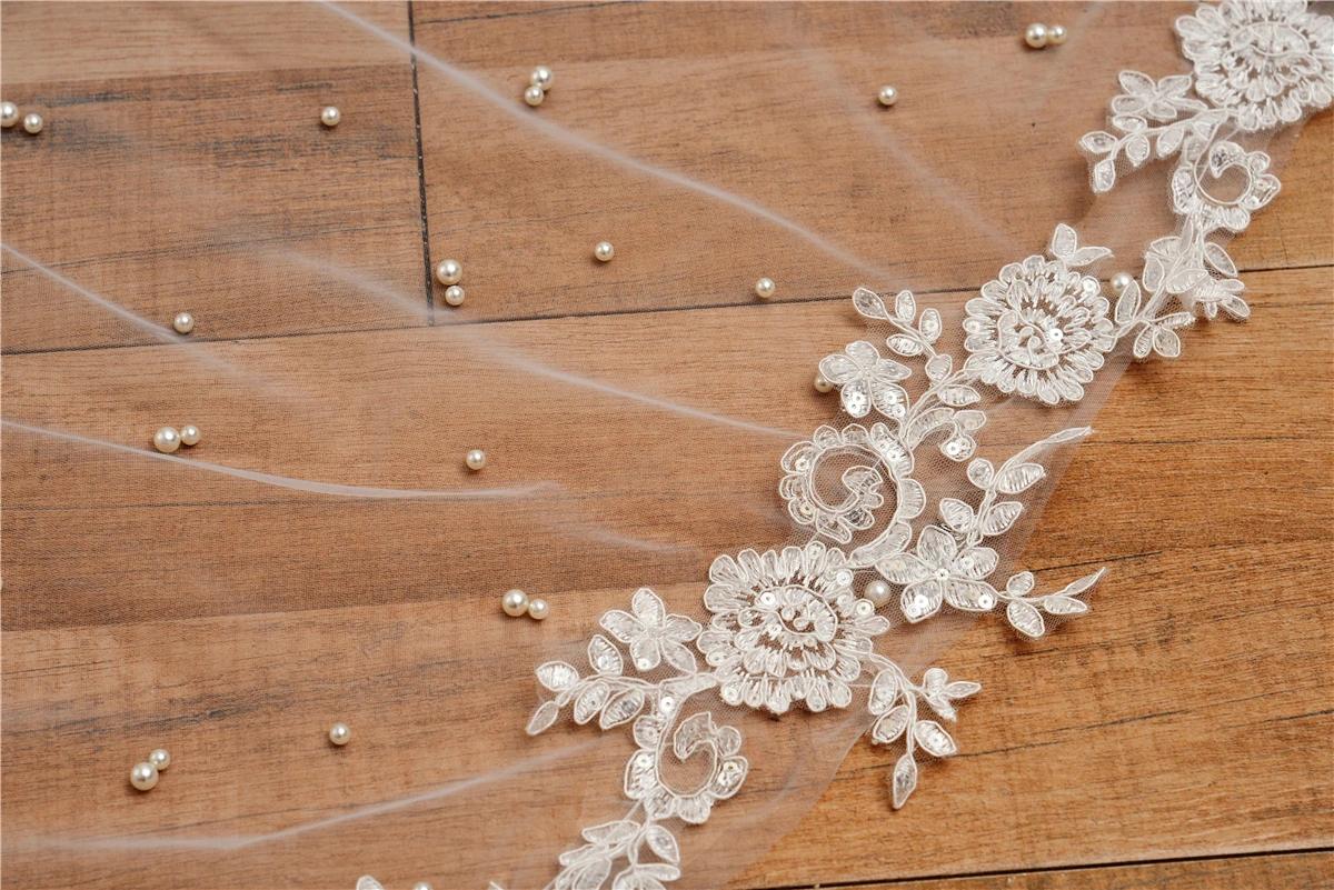 Voile de mariée blanc/ivoire avec peigne, 3 mètres, avec perles appliquées, paillettes, bord en dentelle, voile de mariage pour la mariée