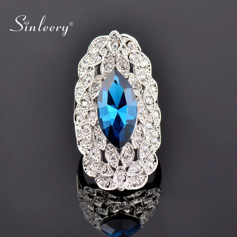 SINLEERY Luxury Big Black Crystal Long Rings For Women Silver Color Cubic Zirconia Wedding Exaggerated Jewelry JZ561