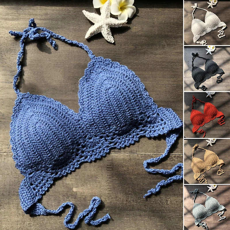 Bikini de punto con cuello Halter para mujer, ropa de playa Sexy, sujetador, traje de baño informal, Bralette, 2021