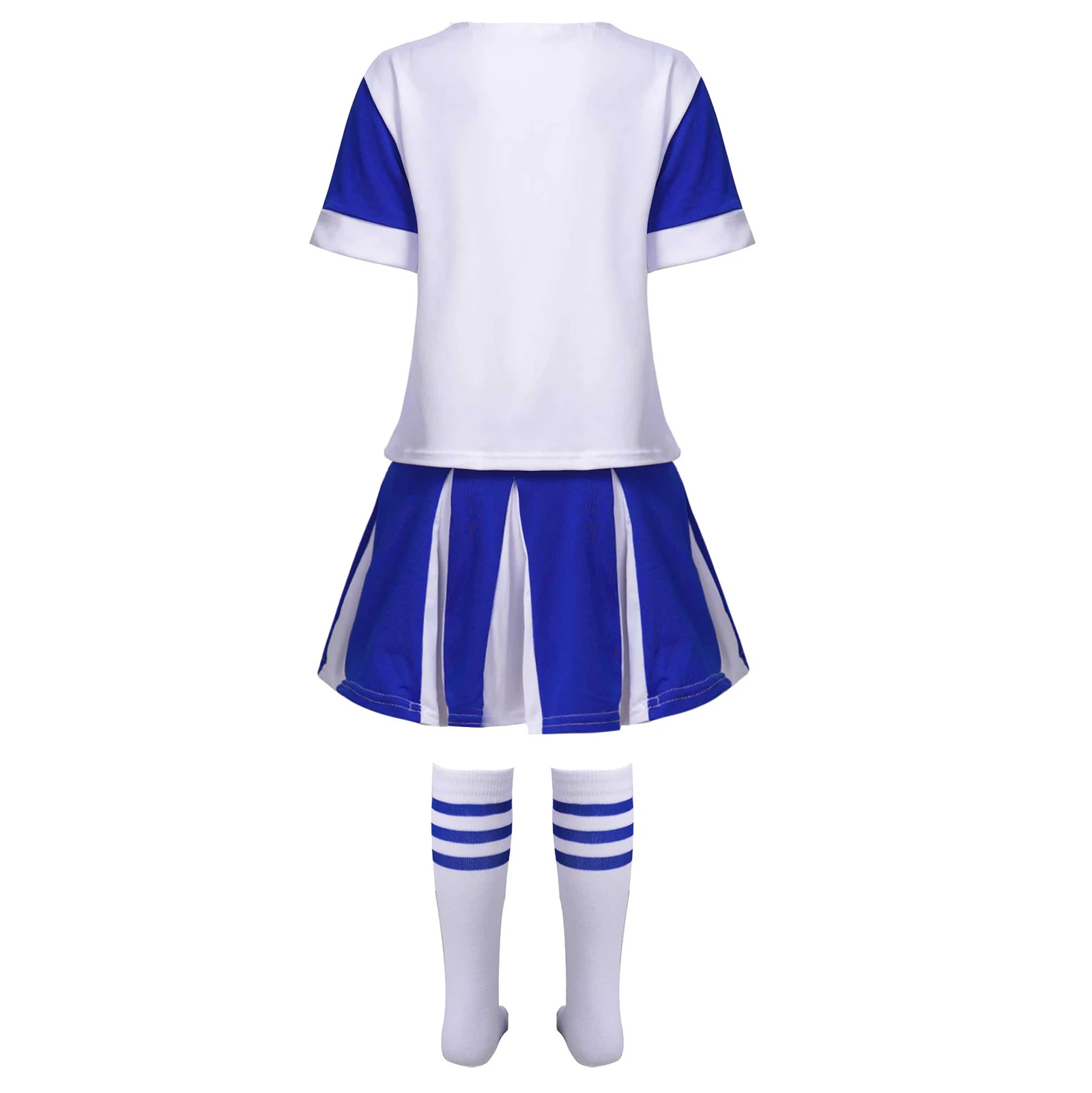 TiaoBug Kids Girls Cheerleading Uniform Performance Clothes Short Sleeve V Neck Letter Print Top With Pleated Skirt And Socks