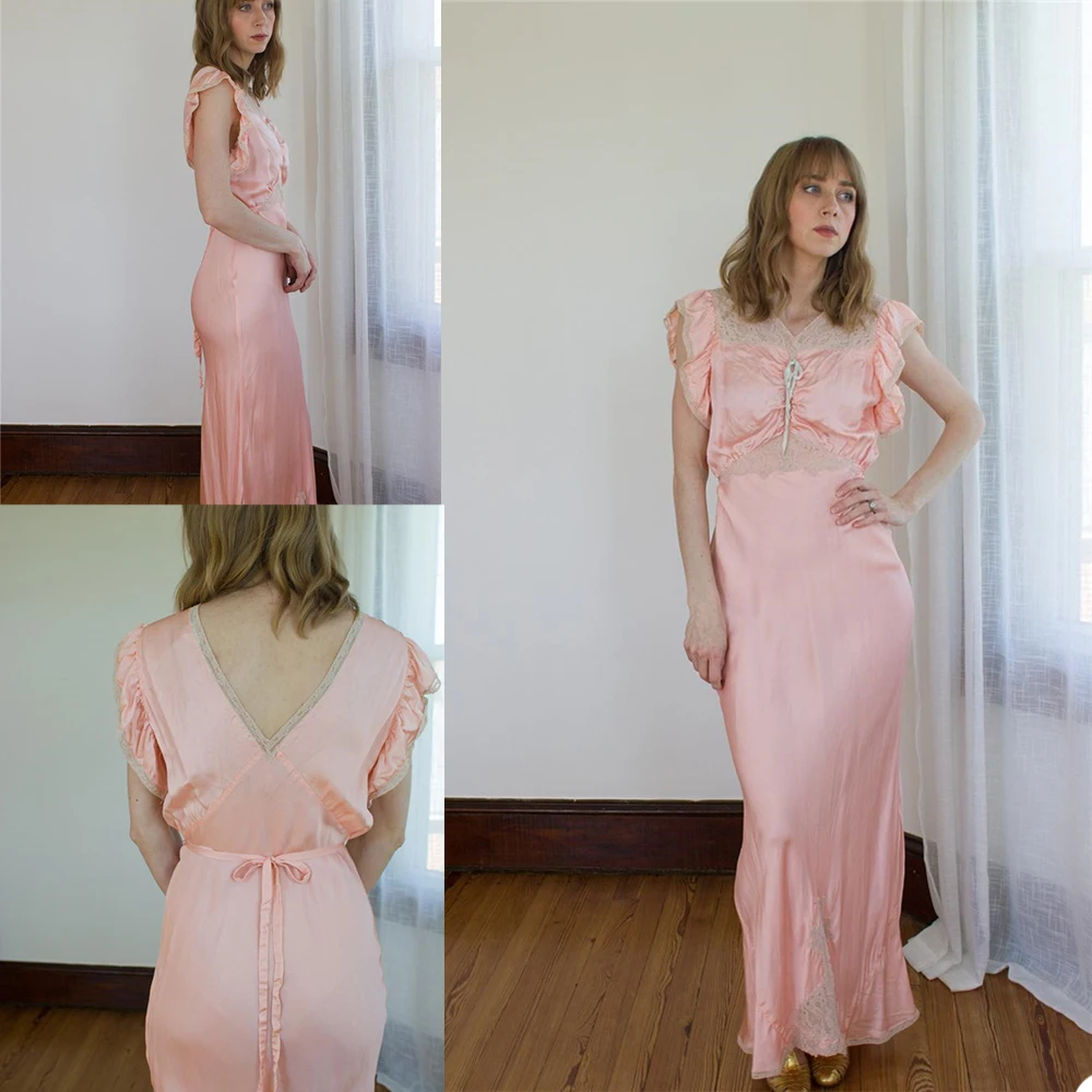 

Pink Satin & Lace Women Sleepwear Custom Made Sleeveless Nightgowns Floor Length Party Night Gowns