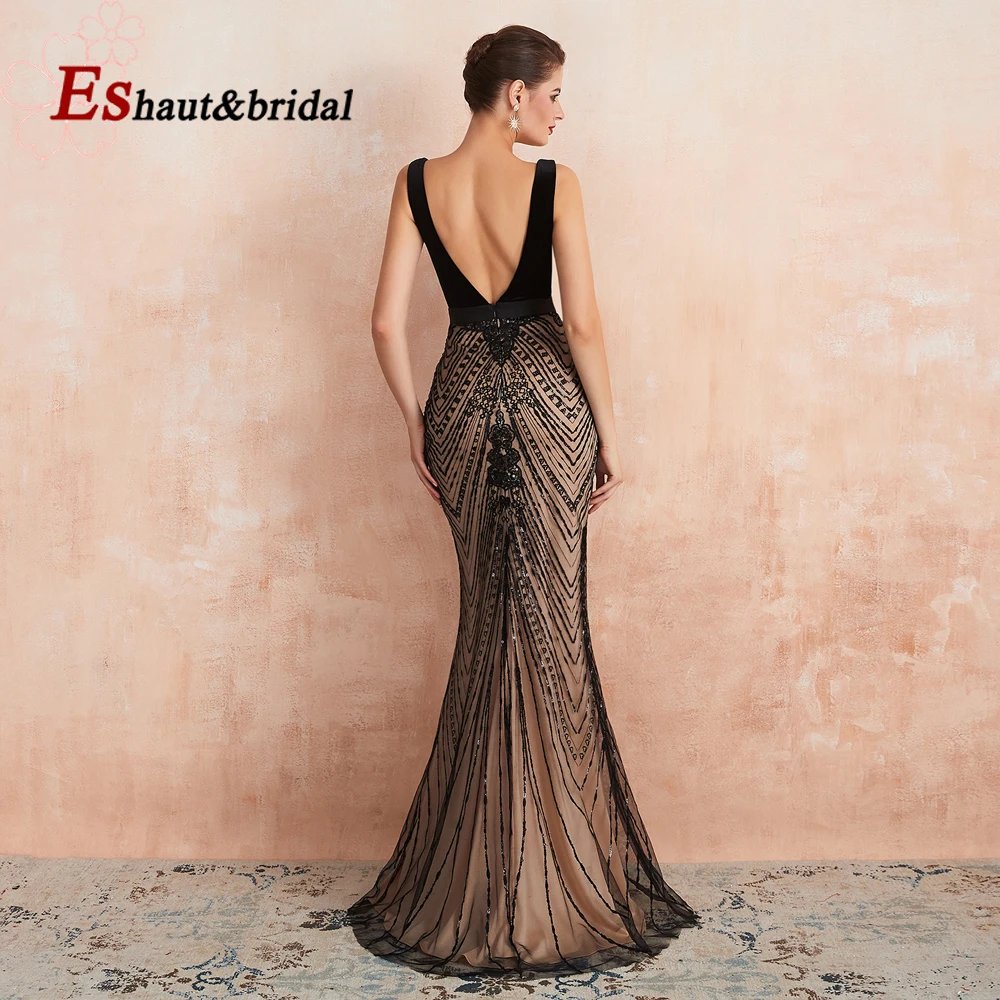 Vestido de noche elegante de sirena de terciopelo negro para mujer 2024 cuello en V sin mangas de encaje largo Formal vestidos de fiesta de boda personalizados