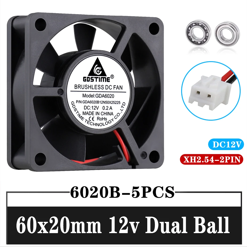 5Pcs Gdstime 6cm Brushless DC Cooler axial Fan 12V 60mm 60x60x20mm 6020 Ball Bearing 2Pin For Computer PC CPU Case Cooling