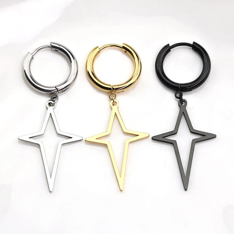 Wholesale Stainless Steel Holow Star Pendant Small Hoop Earrings Silver/Gold/Black Color Fashion Jewelry Gift for Women Men