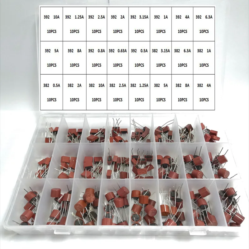 240szt 382 392 24Wartości Bezpiecznik cylindryczny 0.5A 1A 1.25A 2A 3.15A 4A 5A 6.3A 8A 10A Amp Do telewizora LCD Zestaw ubezpieczenia PCB zasilania