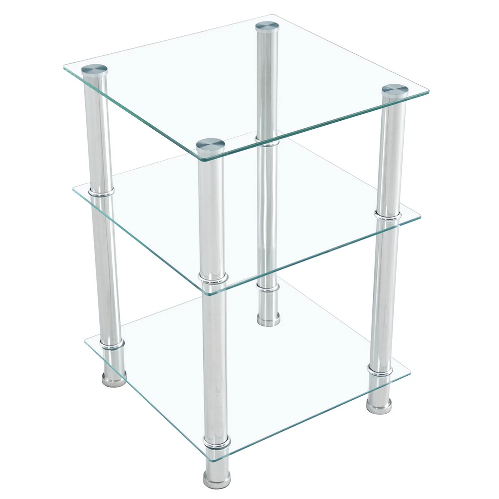 US Warehouse 42*42*61cm Three-layer Tempered Glass Stainless Steel Tube Square Coffee Table Side Table Coffee Table  End Table