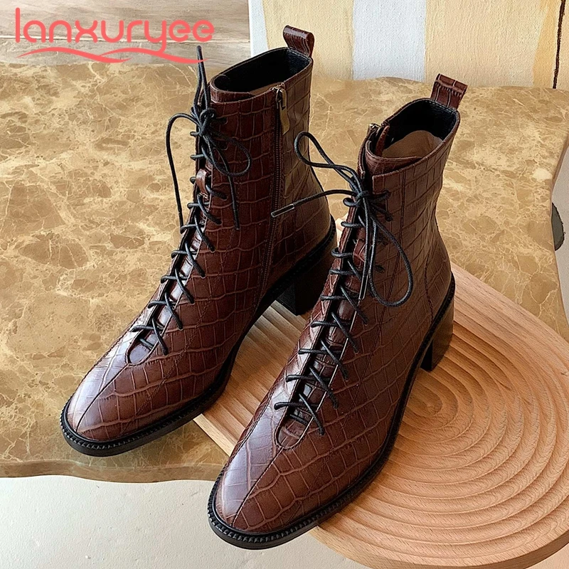 Lanxuryee new arrival work boots natural leather stone pattern square toe thick high heel zip dating office lady ankle boots L61