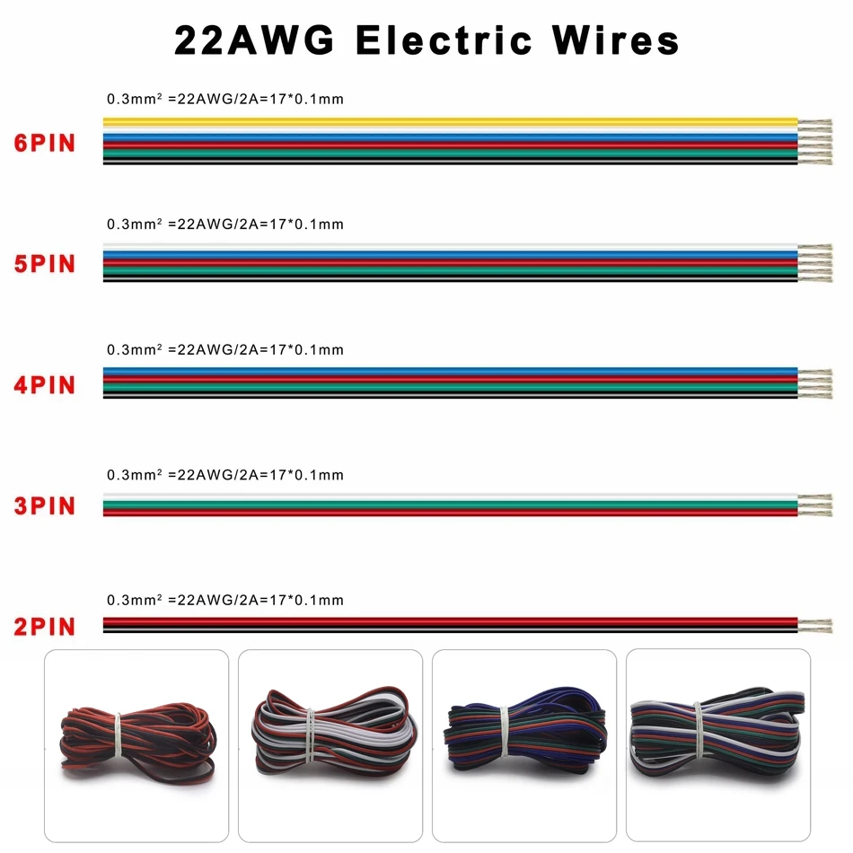 22AWG Flexible Led Cable Connector Wires 2/3/4/5/6pin For Individually Addressable WS2811/WS2812/5050/2835 LED strip Extension