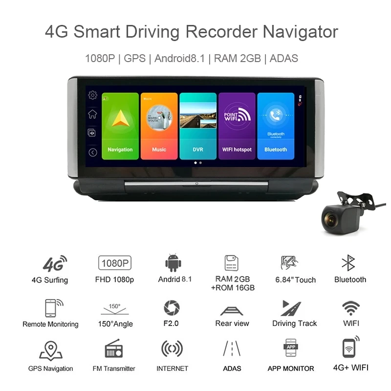 7 inch 4G Smart Dirving Video Recorder GPS Navigation Anriod 8.1 WIFI HD 1080P RAM 2G DDR 16G Dual Lens App remote Monitoring