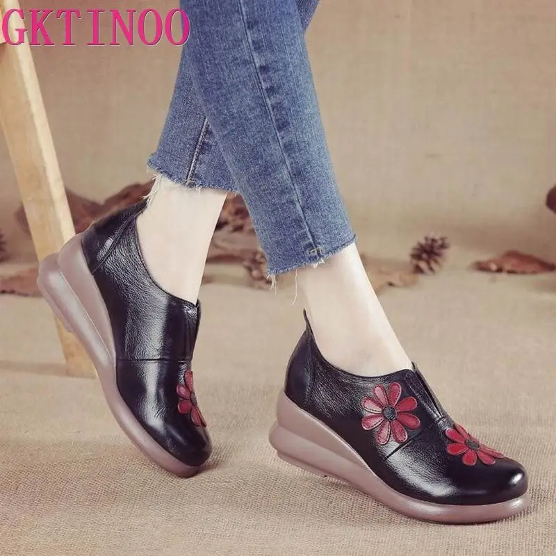 GKTINOO Women Embroider Flower Fashion Flat Increase Wedges Shoes Genuine Leather Ethnic Design Women\'s Shoes Ladies Loafers