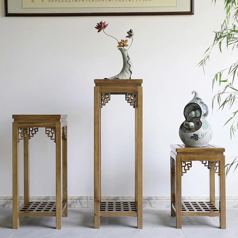 Modern Chinese Style Solid Wood Flower Stand Balcony Living Room Interior Bonsai Multi-Layer Stand Simple Flower Antique Shelf