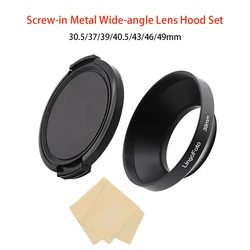 30.5/37/39/40.5/43/46/49mm Universal Screw-in Metal Wide-angle Lens Hood Set Lens Hood + Side Pinch Lens Cap + Cleaning Cloth