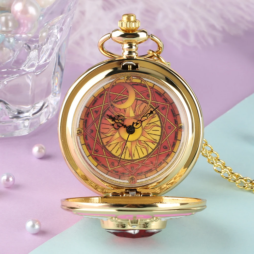 Pocket Watch Set for Girls Fashionable Card-captor Sakura Theme Pattern Key Ring Comfortable Gold Slim necklace for Women