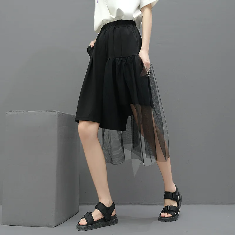 Ladies Wide Leg Shorts Pant Skirt Summer New Irregular Personality Mesh Design Fashion Trend Large Size Performance Clothing