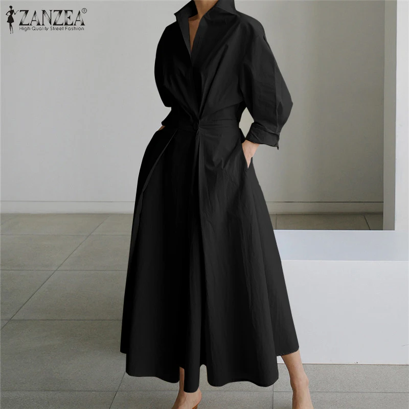 zanzea casual dress 2021 Loose Robe Casual Floral Sleeve Long Sundress ZANZEA Women Print Maxi   TrendycollectionB