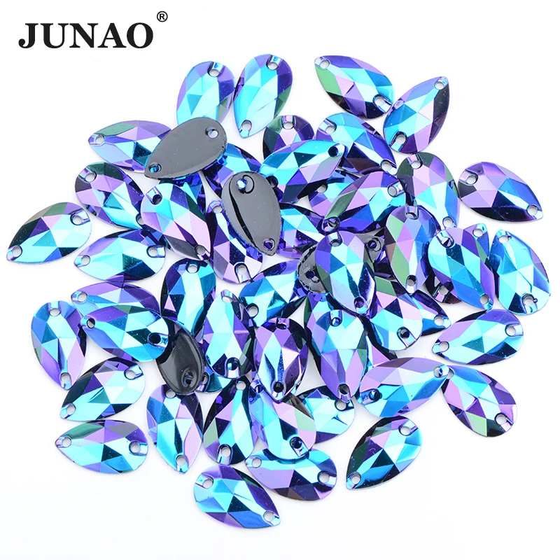 JUNAO 17*28mm Sewing Large Purple AB Teardrop Rhinestone Flat Back Crystal Stones Applique Sew On Strass Diamond for Dress