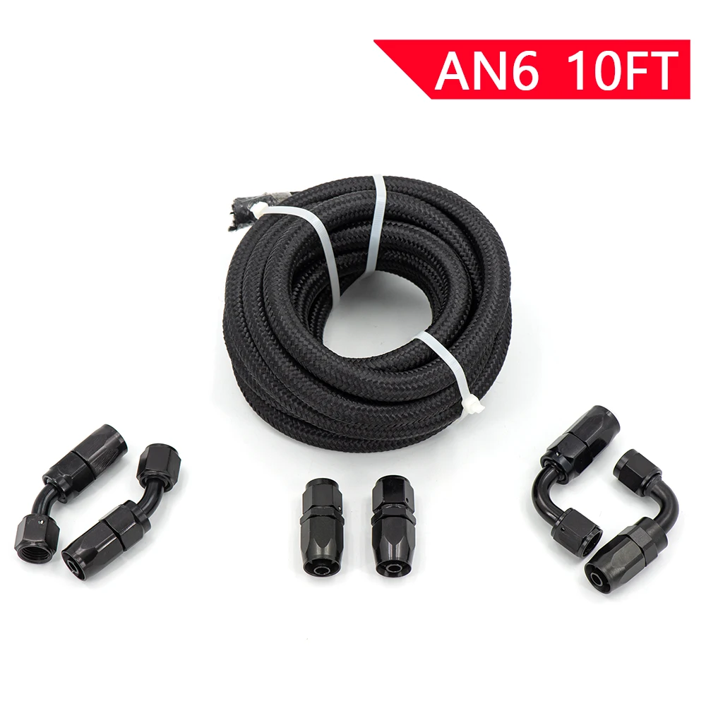 10FT 20FT 6AN AN6 Braided Nylon Hose Fuel Pipe Oil Cooler System Adapter Kit 6AN 0/45/90/180Degree Hose End Fitting