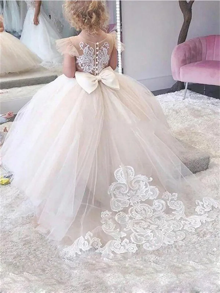 Vestidos menina florista com trem longo de renda, Manga Alarme, Costas borboleta, Vestido de festa de casamento princesa, 2021