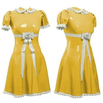 

100% Latex Dress Rubber Elegant yellow sweet ladies skirt with lace Size XXS-XXL