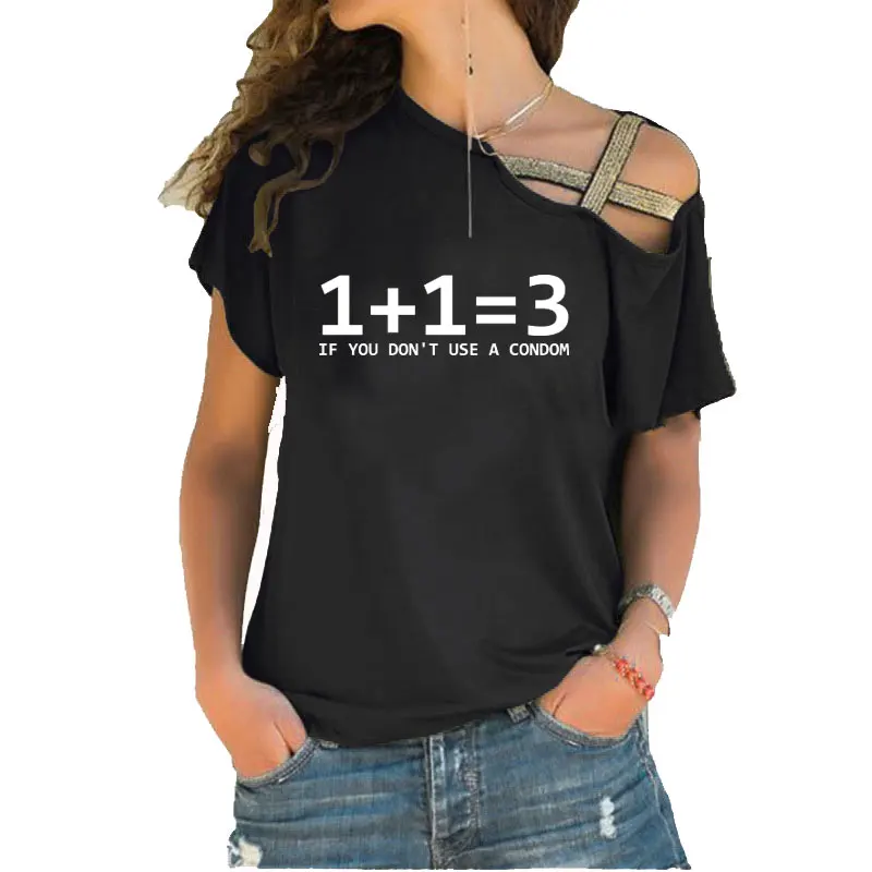 Math Problem Funny T Shirts Women Summer Fashion Mathematical Arithmetic Cotton Irregular Skew Cross Bandage Tshirt