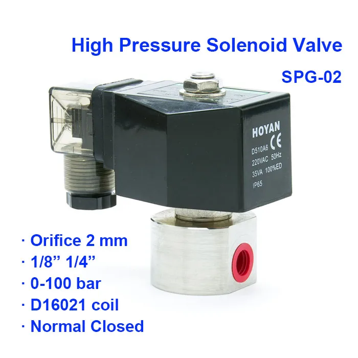 

2 Way Normal Close Pneumatic Water High Pressure Solenoid Valve SPG-02 0-100bar Orifice 2mm BSP Port G1/4" G1/8 AC220V