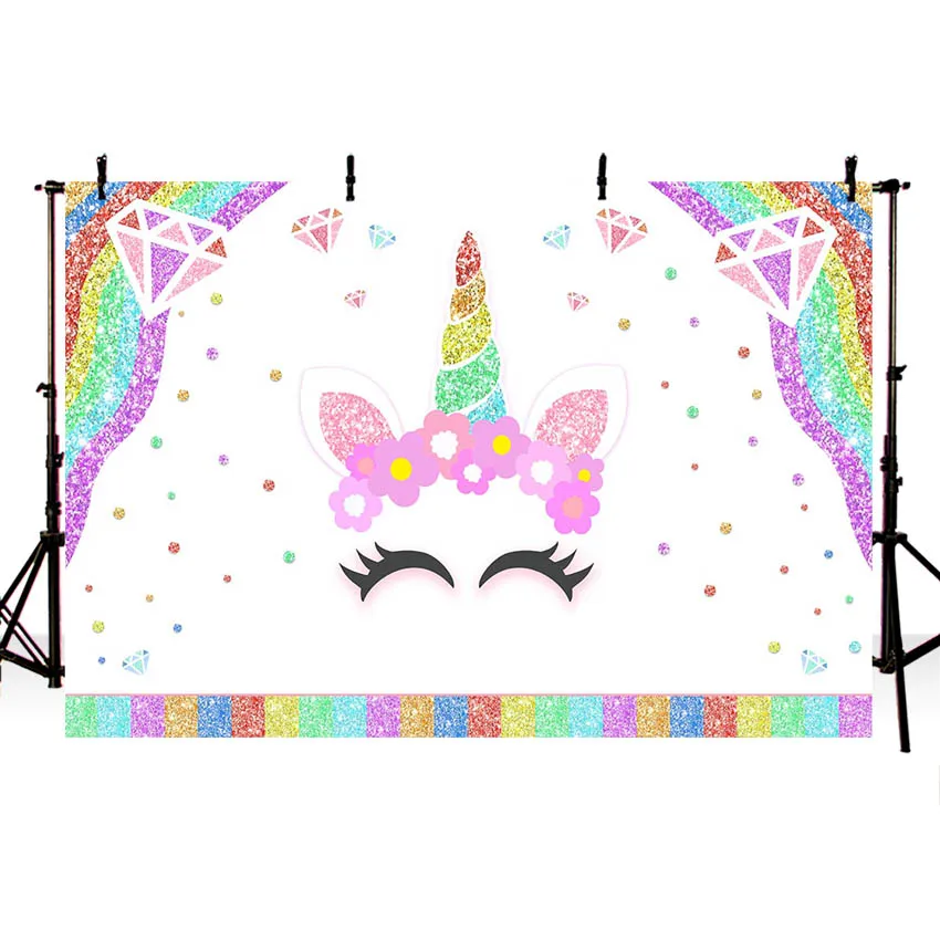 Glitter Rainbow Unicorn Backdrop Girls Diamond Unicorn Birthday Party Baby Shower Background Decoration Table Banner Supplies image 2