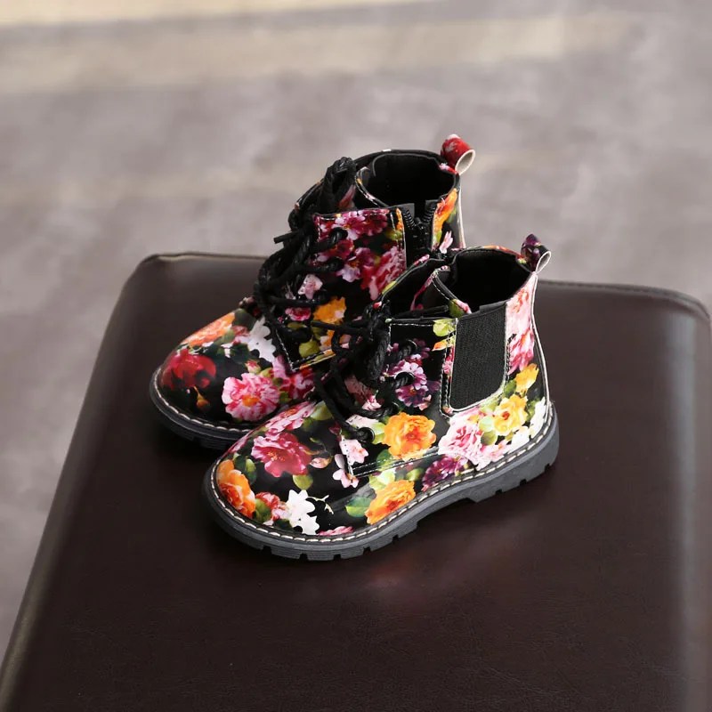 Little Baby Girls Children Leather Boots Kids Boots Flower Print Baby Girls Shoes Girls Boots 3 4 5 6 7Years Old Kids