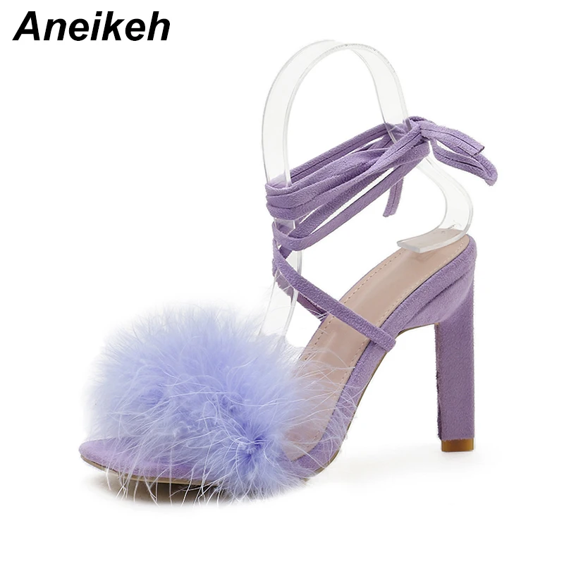 Aneikeh NEW Summer Rome Fashion Furry Cross-Tied Women Pumps 2024 Sexy 11CM Thin High Heel Lace-up Dress Party Ladies Sandals